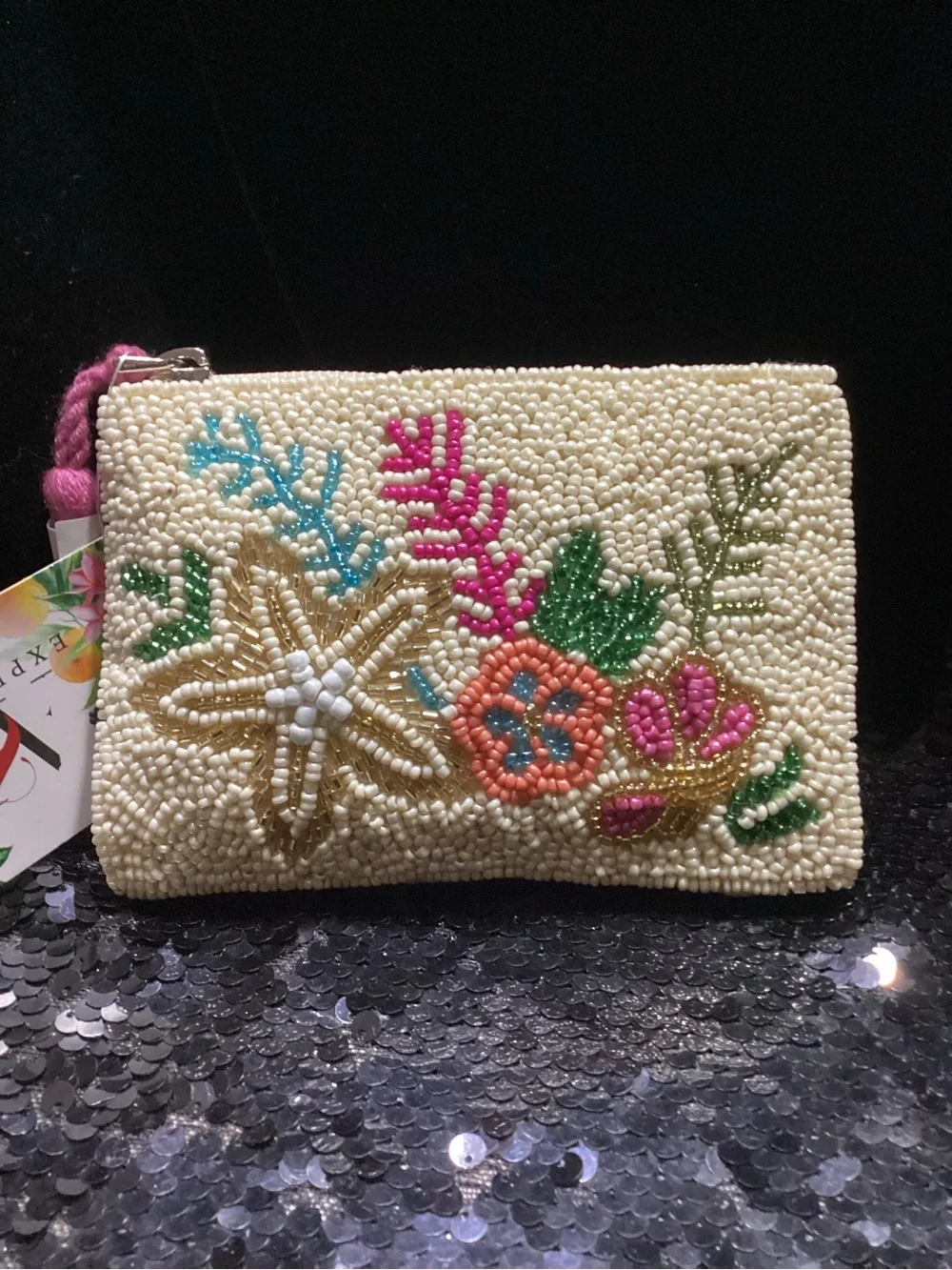America and Beyond Beaded Floral Zip Wallet NWT